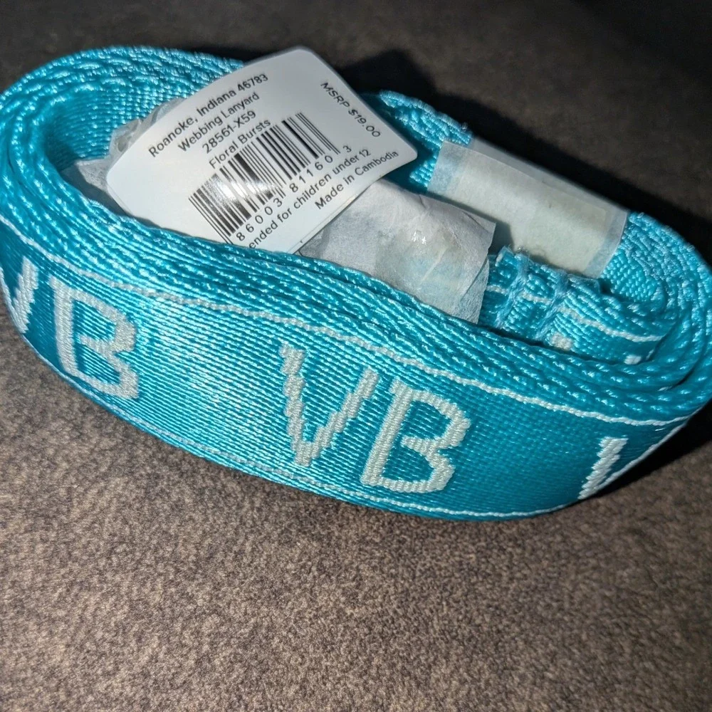 Vera Bradley Webbing Lanyard Floral Bursts Teal Blue Logo Key ID Holder NWT